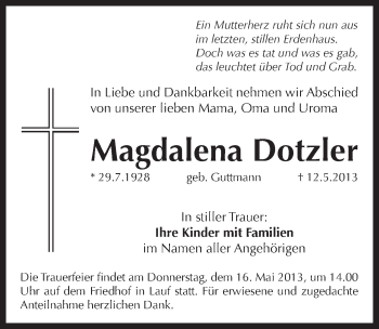 Traueranzeige von Magdalena Dotzler von Pegnitz-Zeitung